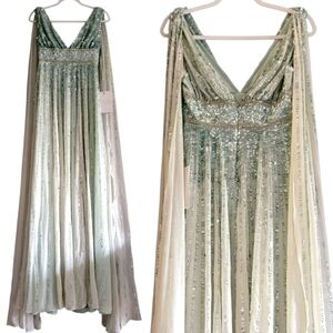 NWT Mac Duggal 94210 Sequined Beaded V-Neck Winged Sleeves‎ Cape Evening Gown 2